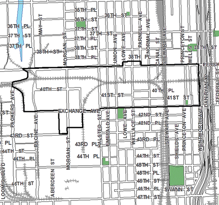 Stockyards Annex TIF district, roughly bounded on the north by Pershing Road, 43rd Street on the south, Wentworth Avenue on the east, and Packers Avenue on the west.